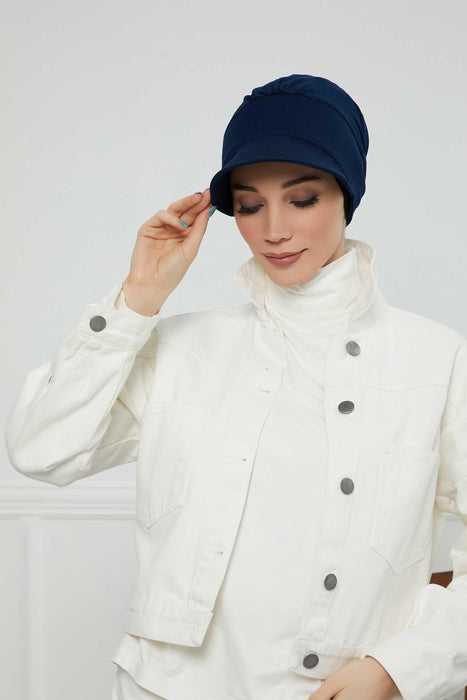 Cotton Visor Turban Head Cover, Visor Newsboy Hat for Women, 95% Cotton Plain Casual Hijab Bonnet Cap, Sun Protective Visor Chemo Cap,B-73 Navy Blue