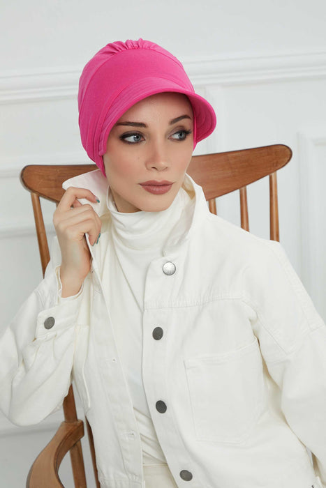 Cotton Visor Turban Head Cover, Visor Newsboy Hat for Women, 95% Cotton Plain Casual Hijab Bonnet Cap, Sun Protective Visor Chemo Cap,B-73 Fuchsia