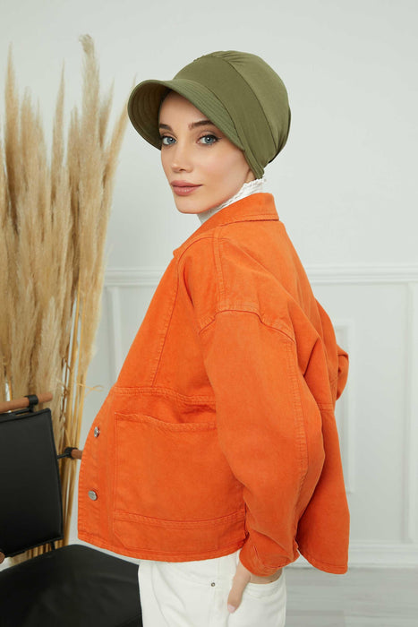 Cotton Visor Turban Head Cover, Visor Newsboy Hat for Women, 95% Cotton Plain Casual Hijab Bonnet Cap, Sun Protective Visor Chemo Cap,B-73 Army Green