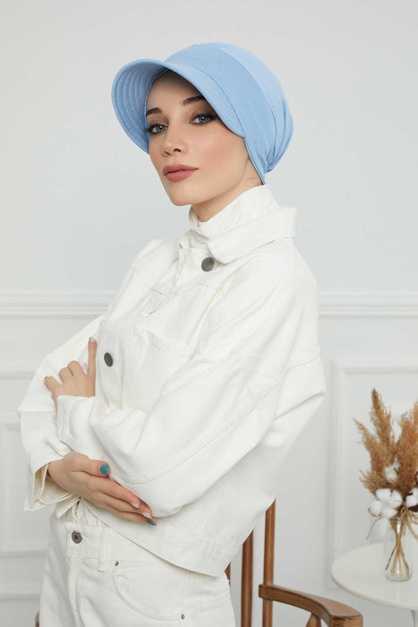 Cotton Visor Turban Head Cover, Visor Newsboy Hat for Women, 95% Cotton Plain Casual Hijab Bonnet Cap, Sun Protective Visor Chemo Cap,B-73 Blue