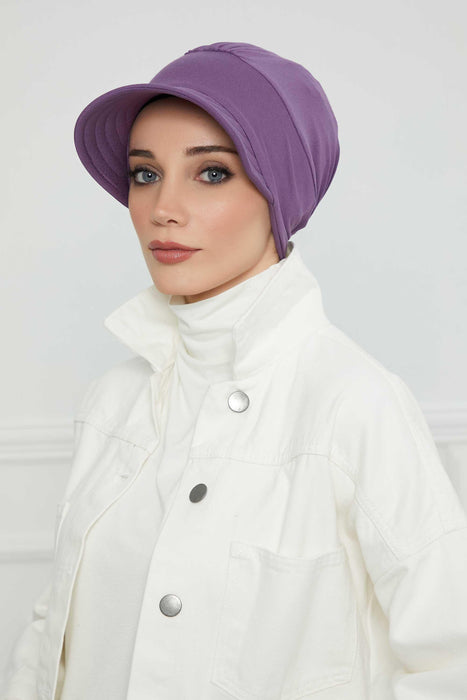 Cotton Visor Turban Head Cover, Visor Newsboy Hat for Women, 95% Cotton Plain Casual Hijab Bonnet Cap, Sun Protective Visor Chemo Cap,B-73 Purple 2