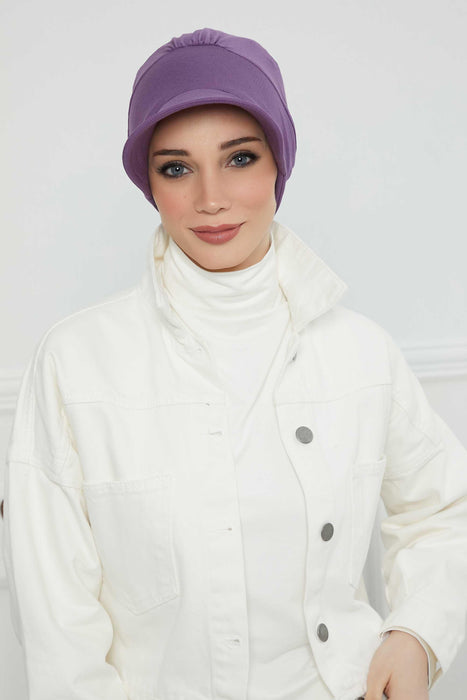 Cotton Visor Turban Head Cover, Visor Newsboy Hat for Women, 95% Cotton Plain Casual Hijab Bonnet Cap, Sun Protective Visor Chemo Cap,B-73 Purple 2