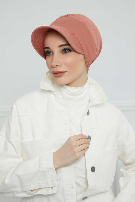 Cotton Visor Turban Head Cover, Visor Newsboy Hat for Women, 95% Cotton Plain Casual Hijab Bonnet Cap, Sun Protective Visor Chemo Cap,B-73 Salmon