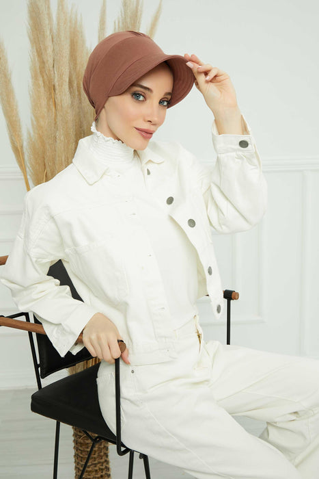 Cotton Visor Turban Head Cover, Visor Newsboy Hat for Women, 95% Cotton Plain Casual Hijab Bonnet Cap, Sun Protective Visor Chemo Cap,B-73 Caramel Brown