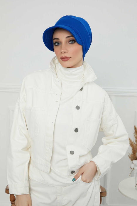 Cotton Visor Turban Head Cover, Visor Newsboy Hat for Women, 95% Cotton Plain Casual Hijab Bonnet Cap, Sun Protective Visor Chemo Cap,B-73 Sax Blue