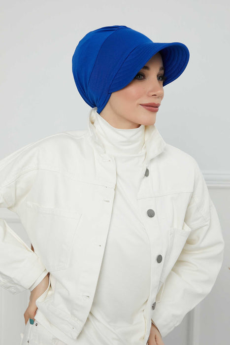 Cotton Visor Turban Head Cover, Visor Newsboy Hat for Women, 95% Cotton Plain Casual Hijab Bonnet Cap, Sun Protective Visor Chemo Cap,B-73 Sax Blue