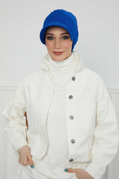 Cotton Visor Turban Head Cover, Visor Newsboy Hat for Women, 95% Cotton Plain Casual Hijab Bonnet Cap, Sun Protective Visor Chemo Cap,B-73 Sax Blue