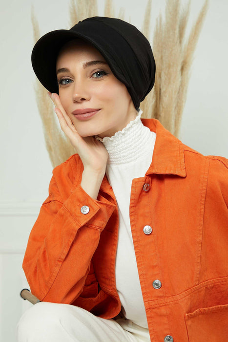 Cotton Visor Turban Head Cover, Visor Newsboy Hat for Women, 95% Cotton Plain Casual Hijab Bonnet Cap, Sun Protective Visor Chemo Cap,B-73 Black