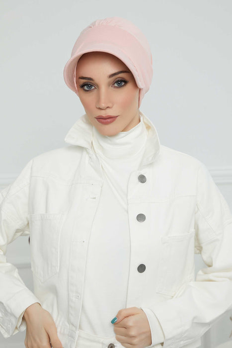 Cotton Visor Turban Head Cover, Visor Newsboy Hat for Women, 95% Cotton Plain Casual Hijab Bonnet Cap, Sun Protective Visor Chemo Cap,B-73 Powder