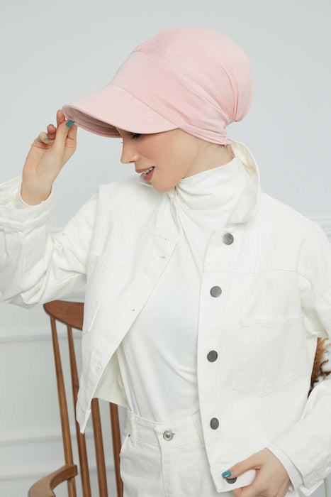 Cotton Visor Turban Head Cover, Visor Newsboy Hat for Women, 95% Cotton Plain Casual Hijab Bonnet Cap, Sun Protective Visor Chemo Cap,B-73 Powder