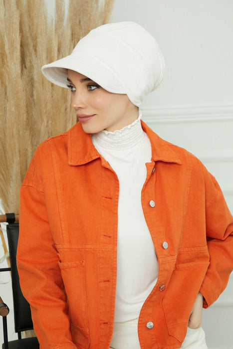 Cotton Visor Turban Head Cover, Visor Newsboy Hat for Women, 95% Cotton Plain Casual Hijab Bonnet Cap, Sun Protective Visor Chemo Cap,B-73 Ivory