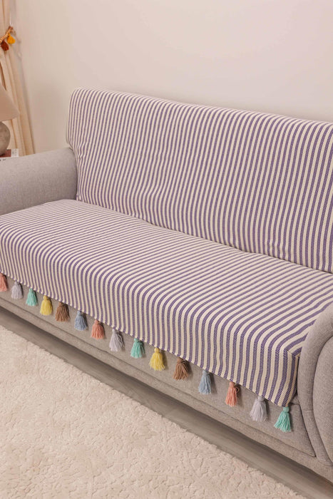 Custom-Made Boho Multicolored Tassel Sofa Cover 3 Seater Couch Slipcover Living Room Striped Pattern Couch Protector Sofa Cover,KO-30