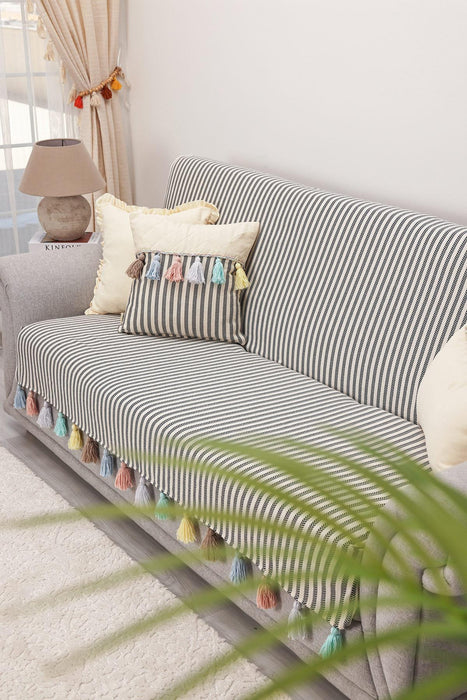 Custom-Made Boho Multicolored Tassel Sofa Cover 3 Seater Couch Slipcover Living Room Striped Pattern Couch Protector Sofa Cover,KO-30