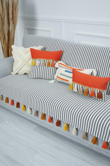 Custom-Made Boho Multicolored Tassel Sofa Cover 3 Seater Couch Slipcover Living Room Striped Pattern Couch Protector Sofa Cover,KO-30