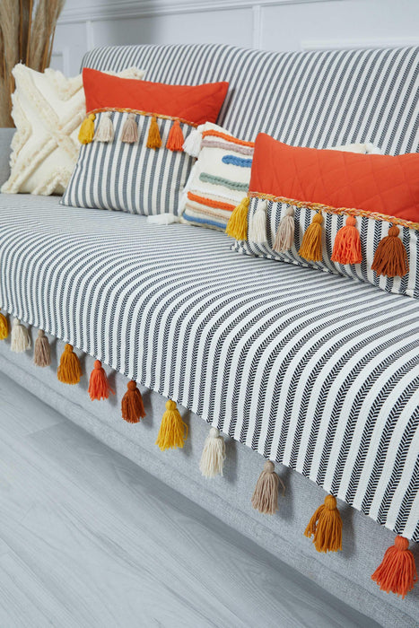 Custom-Made Boho Multicolored Tassel Sofa Cover 3 Seater Couch Slipcover Living Room Striped Pattern Couch Protector Sofa Cover,KO-30