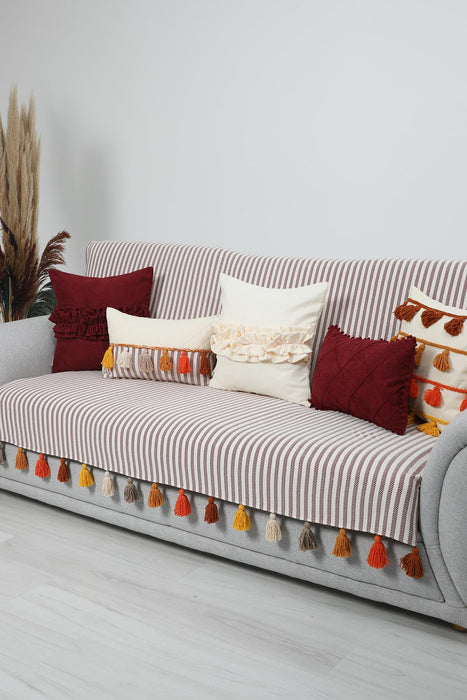 Custom-Made Boho Multicolored Tassel Sofa Cover 3 Seater Couch Slipcover Living Room Striped Pattern Couch Protector Sofa Cover,KO-30