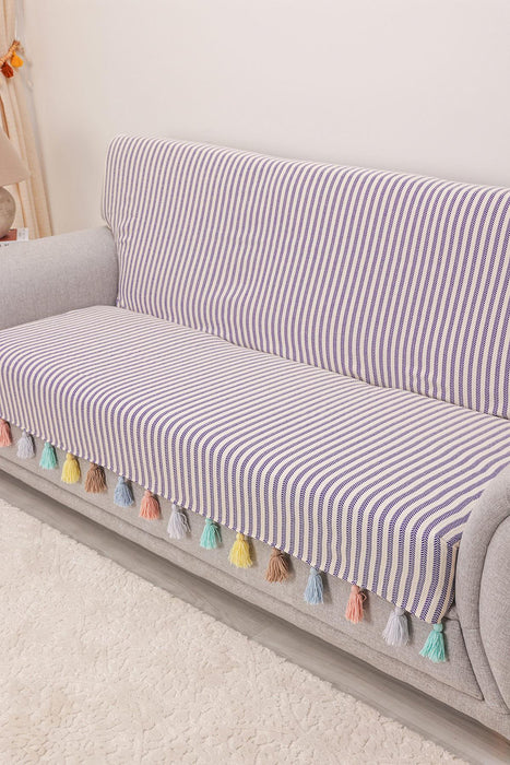 Custom-Made Boho Multicolored Tassel Sofa Cover 3 Seater Couch Slipcover Living Room Striped Pattern Couch Protector Sofa Cover,KO-30