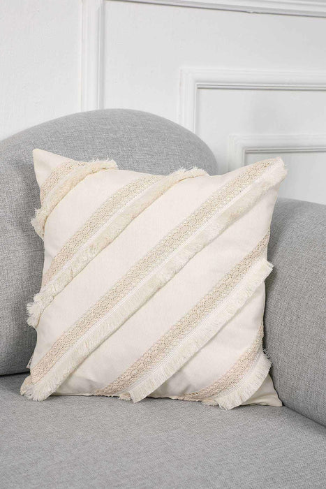 Decorative Fringed Knitted Throw Pillow Cover with Stylish Design, 18x18 Inches Handicraft Cross Trimmed Farmhouse Cushion Cover,K-205 Ivory