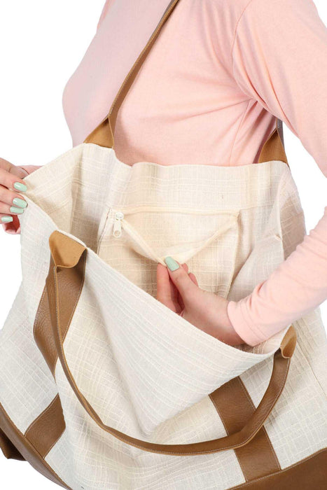 Denim Linen Textured Hand Shoulder Bag for Women Tote Bag Casual Daily Bag Large Capacity,C-3 Light Brown - Ivory