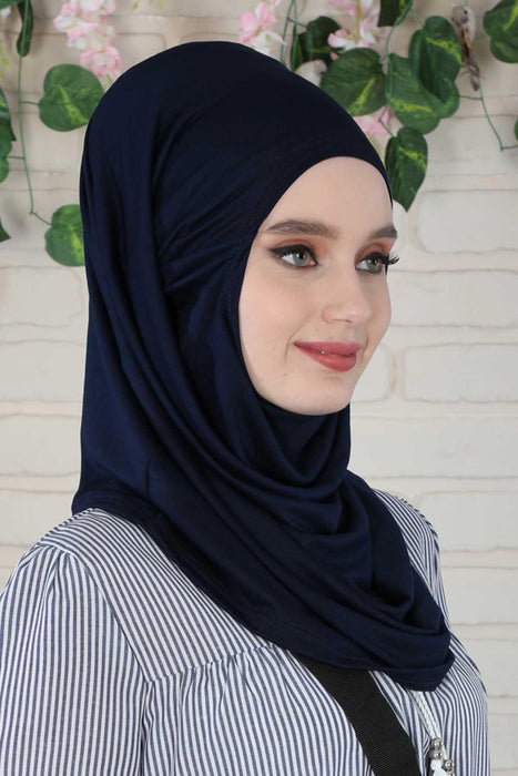 Easy to Wear Instant Turban Scarf for Women, Plain Color Turban Hijab Headwrap for Daily Use, Comfortable Modest Fashion Hijab Design,B-33 Navy Blue
