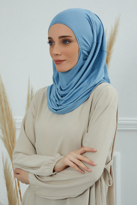 Easy to Wear Instant Turban Scarf for Women, Plain Color Turban Hijab Headwrap for Daily Use, Comfortable Modest Fashion Hijab Design,B-33 Blue