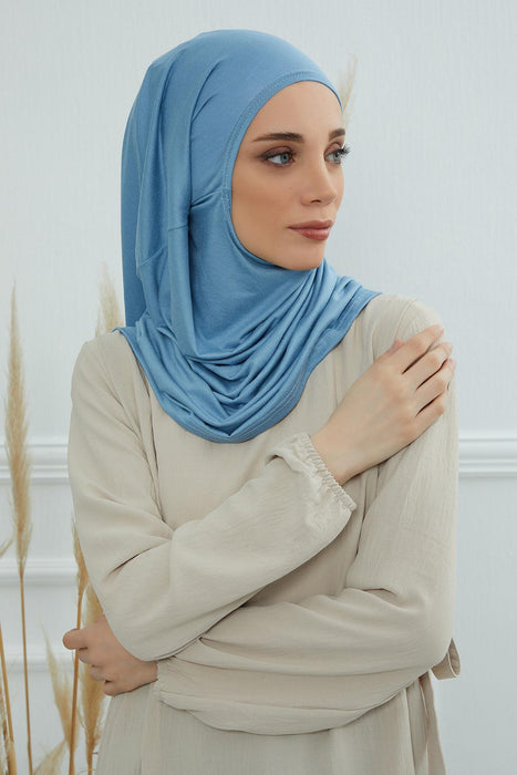 Easy to Wear Instant Turban Scarf for Women, Plain Color Turban Hijab Headwrap for Daily Use, Comfortable Modest Fashion Hijab Design,B-33 Blue