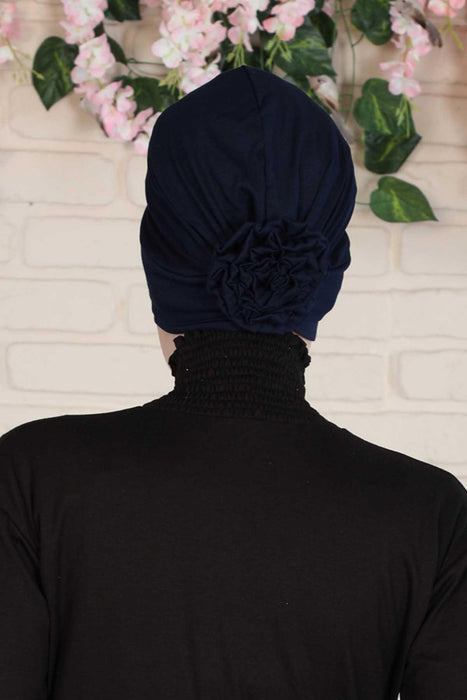 Elastic Easy Wrap Instant Turban Bonnet Cap for Women, Fashionable Single Colour Pre-Tied Turban Hijab, Cotton Elastic Chemo Headwear,B-53 Navy Blue
