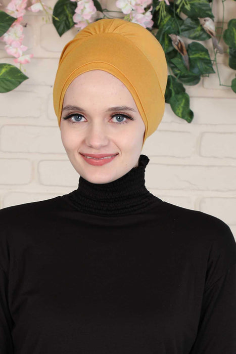 Elastic Easy Wrap Instant Turban Bonnet Cap for Women, Fashionable Single Colour Pre-Tied Turban Hijab, Cotton Elastic Chemo Headwear,B-53 Mustard Yellow