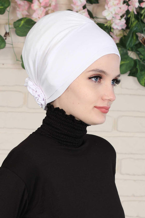 Elastic Easy Wrap Instant Turban Bonnet Cap for Women, Fashionable Single Colour Pre-Tied Turban Hijab, Cotton Elastic Chemo Headwear,B-53 White