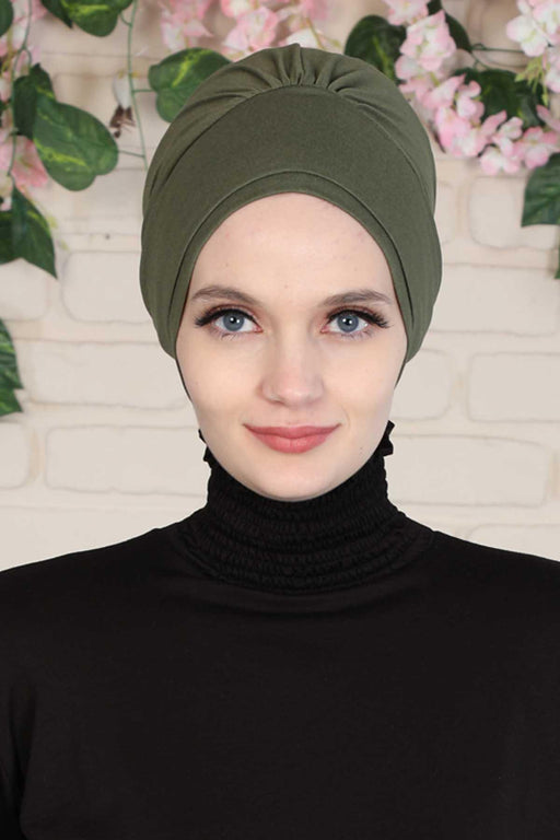 Elastic Easy Wrap Instant Turban Bonnet Cap for Women, Fashionable Single Colour Pre-Tied Turban Hijab, Cotton Elastic Chemo Headwear,B-53 Army Green