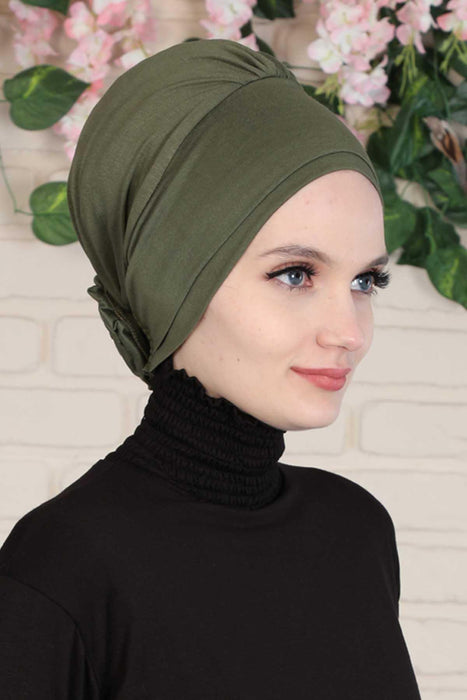 Elastic Easy Wrap Instant Turban Bonnet Cap for Women, Fashionable Single Colour Pre-Tied Turban Hijab, Cotton Elastic Chemo Headwear,B-53 Army Green