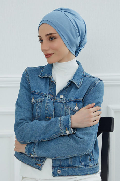 Elastic Easy Wrap Instant Turban Bonnet Cap for Women, Fashionable Single Colour Pre-Tied Turban Hijab, Cotton Elastic Chemo Headwear,B-53 Blue