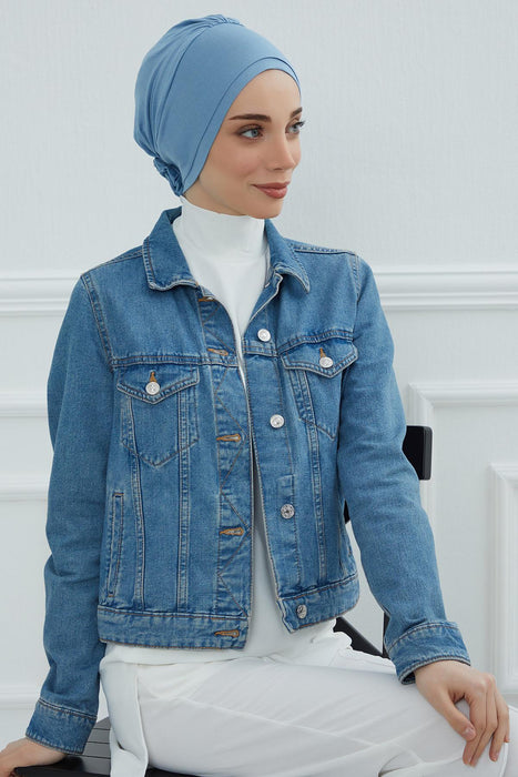 Elastic Easy Wrap Instant Turban Bonnet Cap for Women, Fashionable Single Colour Pre-Tied Turban Hijab, Cotton Elastic Chemo Headwear,B-53 Blue