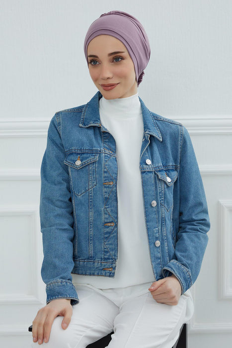 Elastic Easy Wrap Instant Turban Bonnet Cap for Women, Fashionable Single Colour Pre-Tied Turban Hijab, Cotton Elastic Chemo Headwear,B-53 Lilac