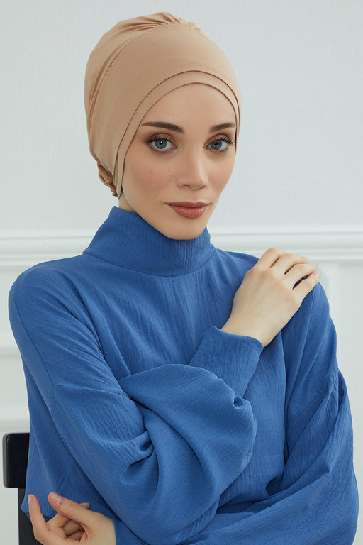 Elastic Easy Wrap Instant Turban Bonnet Cap for Women, Fashionable Single Colour Pre-Tied Turban Hijab, Cotton Elastic Chemo Headwear,B-53 Sand Brown