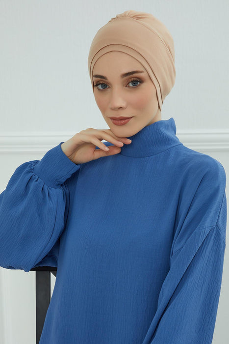 Elastic Easy Wrap Instant Turban Bonnet Cap for Women, Fashionable Single Colour Pre-Tied Turban Hijab, Cotton Elastic Chemo Headwear,B-53 Sand Brown