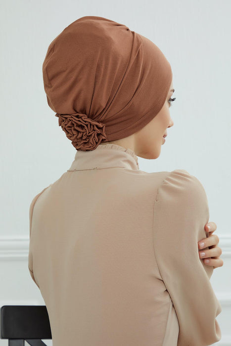 Elastic Easy Wrap Instant Turban Bonnet Cap for Women, Fashionable Single Colour Pre-Tied Turban Hijab, Cotton Elastic Chemo Headwear,B-53 Caramel Brown