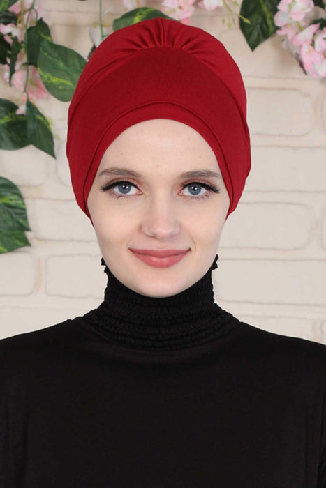 Elastic Easy Wrap Instant Turban Bonnet Cap for Women, Fashionable Single Colour Pre-Tied Turban Hijab, Cotton Elastic Chemo Headwear,B-53 Maroon