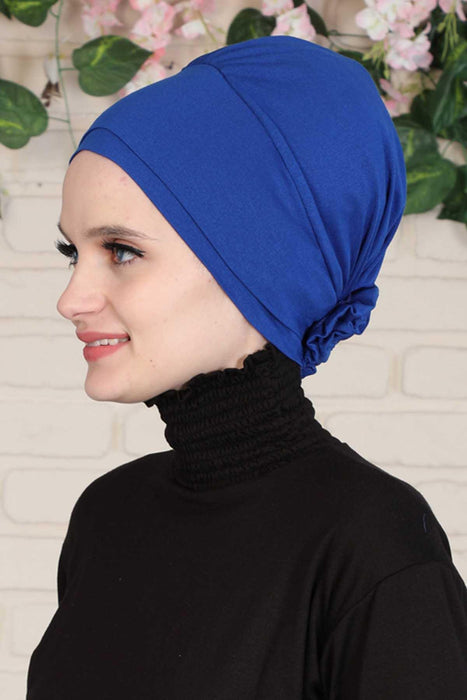 Elastic Easy Wrap Instant Turban Bonnet Cap for Women, Fashionable Single Colour Pre-Tied Turban Hijab, Cotton Elastic Chemo Headwear,B-53 Sax Blue