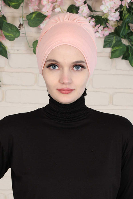 Elastic Easy Wrap Instant Turban Bonnet Cap for Women, Fashionable Single Colour Pre-Tied Turban Hijab, Cotton Elastic Chemo Headwear,B-53 Powder