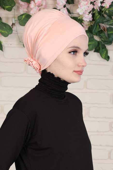 Elastic Easy Wrap Instant Turban Bonnet Cap for Women, Fashionable Single Colour Pre-Tied Turban Hijab, Cotton Elastic Chemo Headwear,B-53 Powder
