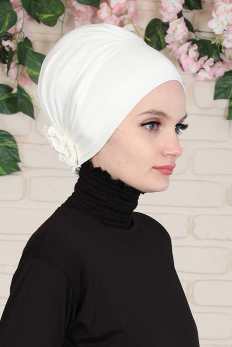 Elastic Easy Wrap Instant Turban Bonnet Cap for Women, Fashionable Single Colour Pre-Tied Turban Hijab, Cotton Elastic Chemo Headwear,B-53 Ivory