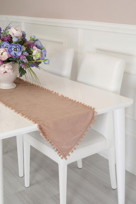 Elegant Knit Fabric Table Runner with Playful Pom-Pom Edges, Charming Pom-Pom Knit Table Runner for Cozy and Stylish Home Table Decor,R-20K