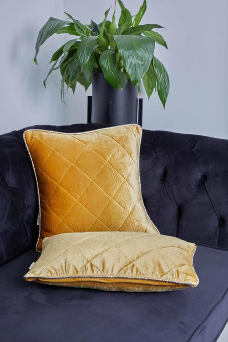 Elegant Velvet Lumbar Pillow Cover with Gold Stripe Edges, 18x18 Inches Square Throw Pillow Cover with Soft Touch for Interior Designs,K-318 Mustard Yellow