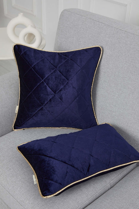 Elegant Velvet Lumbar Pillow Cover with Gold Stripe Edges, 18x18 Inches Square Throw Pillow Cover with Soft Touch for Interior Designs,K-318 Navy Blue