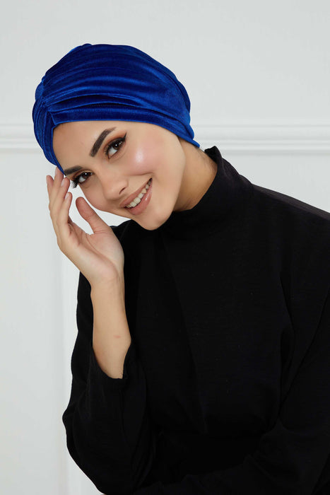 Elegant Velvet Shirred Instant Turban for Women, Luxurious Velour Instant Headwrap, Fashionable Pre-Tied Hijab Turban Cap for Women,B-20K Sax Blue