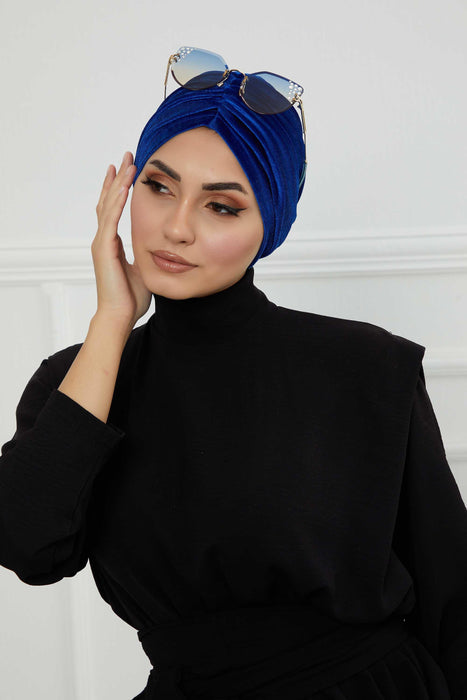 Elegant Velvet Shirred Instant Turban for Women, Luxurious Velour Instant Headwrap, Fashionable Pre-Tied Hijab Turban Cap for Women,B-20K Sax Blue