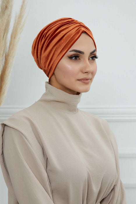 Elegant Velvet Shirred Instant Turban for Women, Luxurious Velour Instant Headwrap, Fashionable Pre-Tied Hijab Turban Cap for Women,B-20K Tile Red