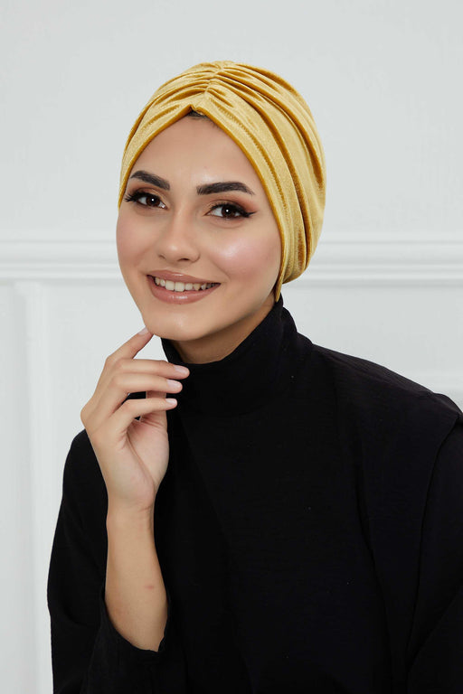 Elegant Velvet Shirred Instant Turban for Women, Luxurious Velour Instant Headwrap, Fashionable Pre-Tied Hijab Turban Cap for Women,B-20K Mustard Yellow