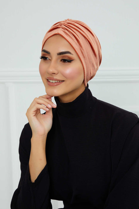 Elegant Velvet Shirred Instant Turban for Women, Luxurious Velour Instant Headwrap, Fashionable Pre-Tied Hijab Turban Cap for Women,B-20K Salmon